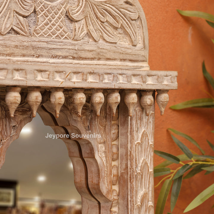 Hand-Carved Rustic White Wooden Jharokha Wall Mirror