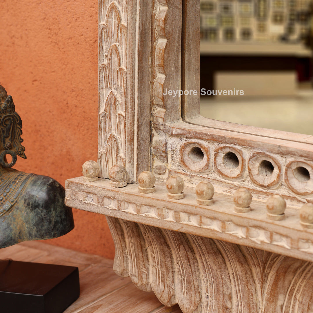 Hand-Carved Rustic White Wooden Jharokha Wall Mirror
