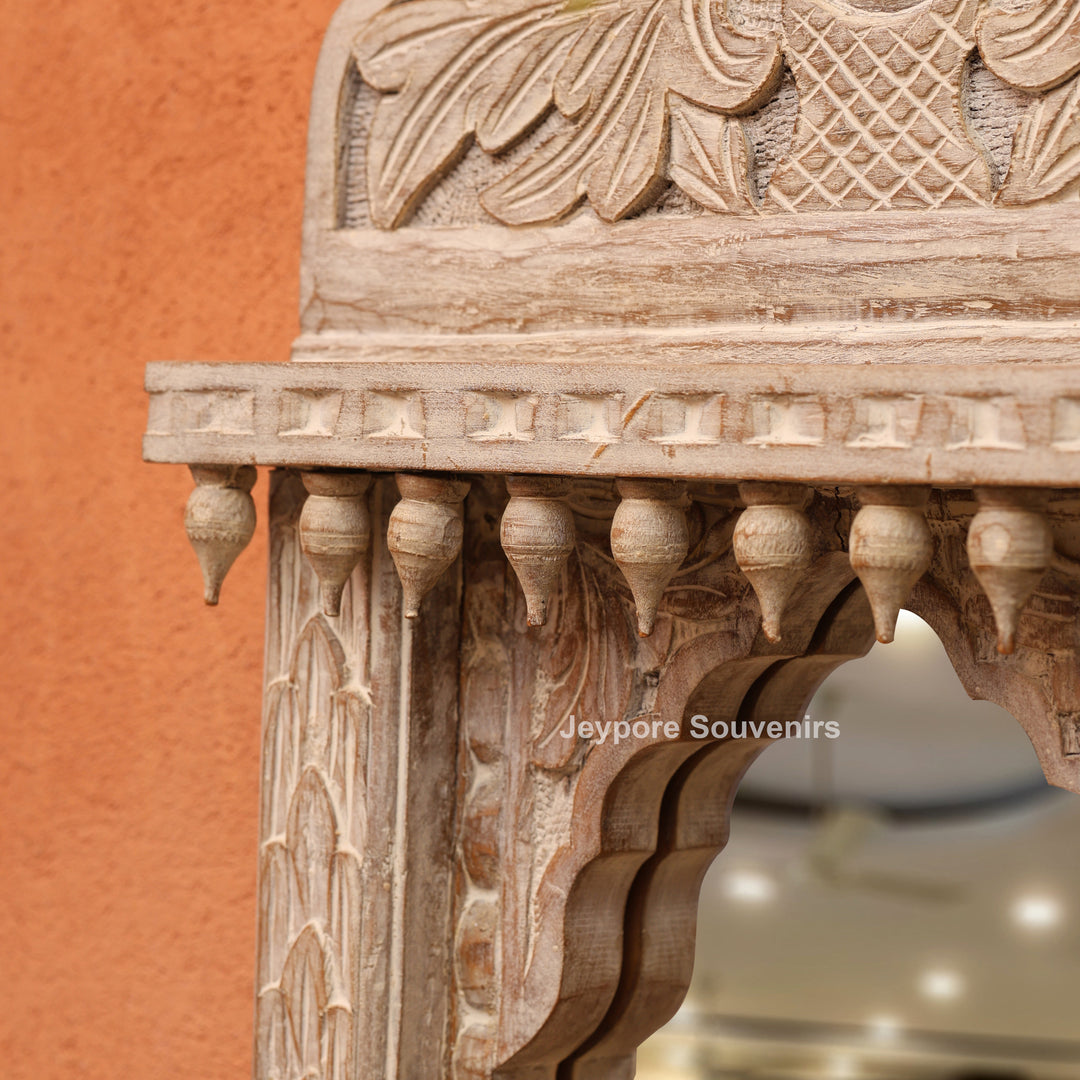 Hand-Carved Rustic White Wooden Jharokha Wall Mirror