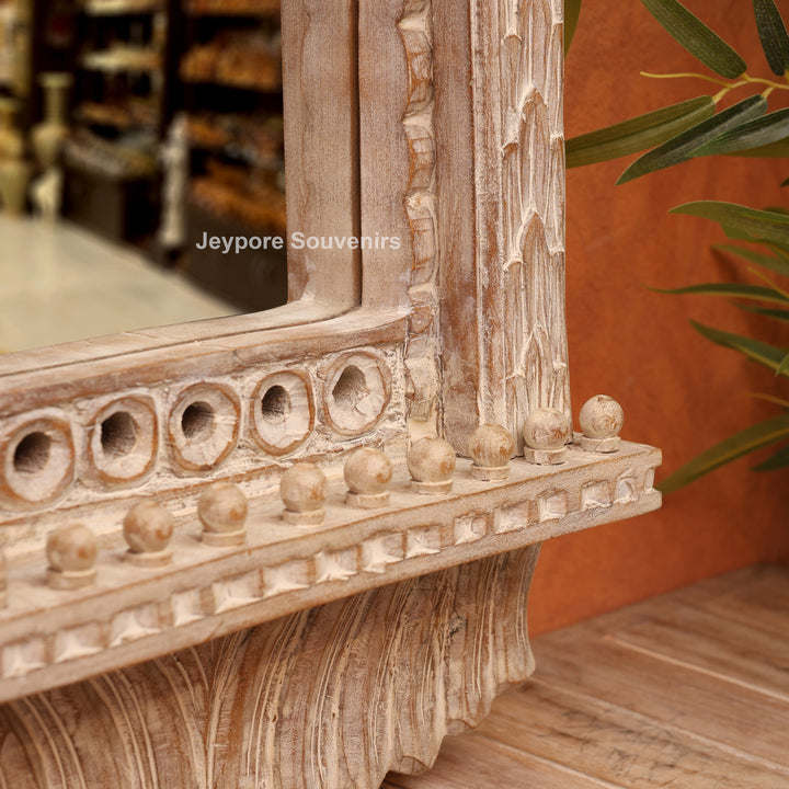 Hand-Carved Rustic White Wooden Jharokha Wall Mirror