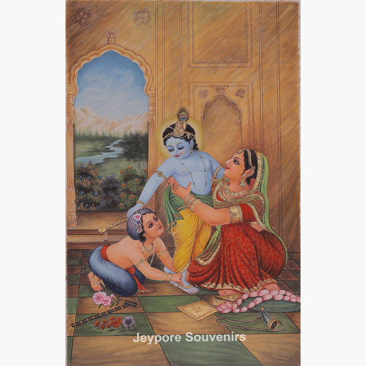 Handcrafted Yashoda Dressing Young Krishna &amp; Balarama Canvas Painting