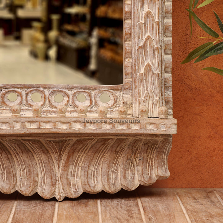Hand-Carved Rustic White Wooden Jharokha Wall Mirror