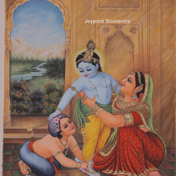 Handcrafted Yashoda Dressing Young Krishna &amp; Balarama Canvas Painting