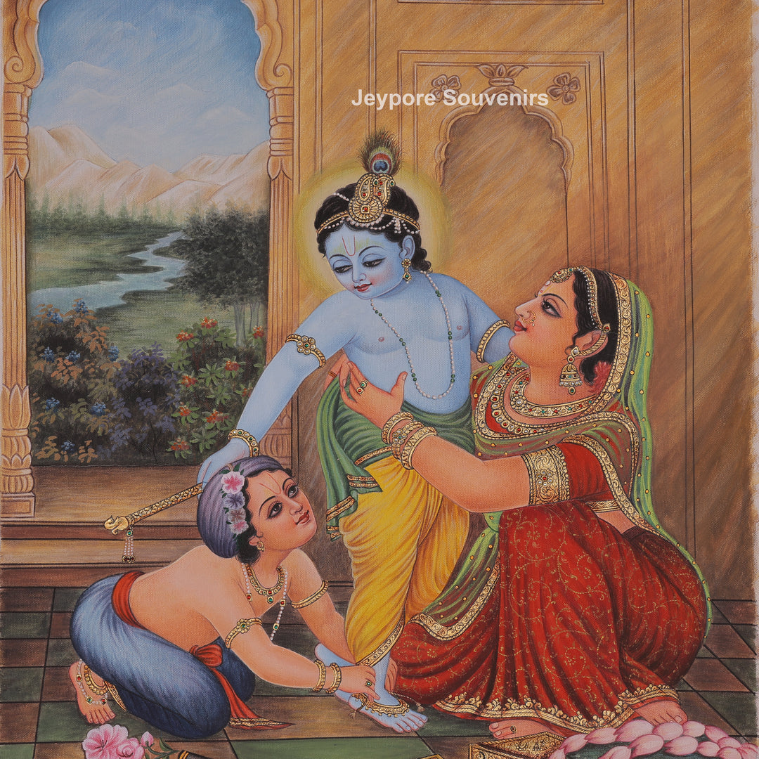 Handcrafted Yashoda Dressing Young Krishna &amp; Balarama Canvas Painting