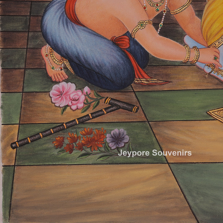 Handcrafted Yashoda Dressing Young Krishna &amp; Balarama Canvas Painting