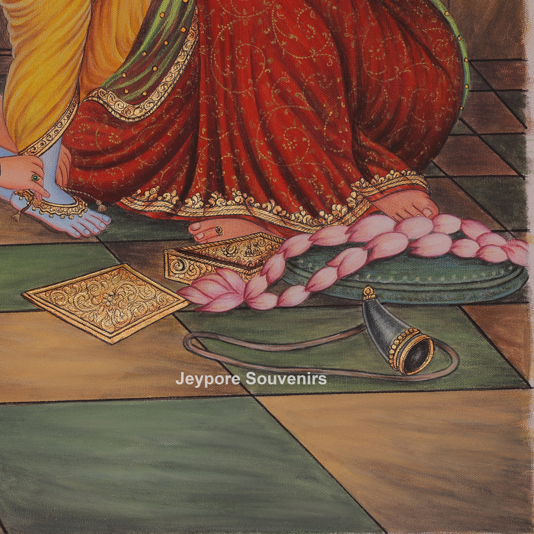 Handcrafted Yashoda Dressing Young Krishna &amp; Balarama Canvas Painting
