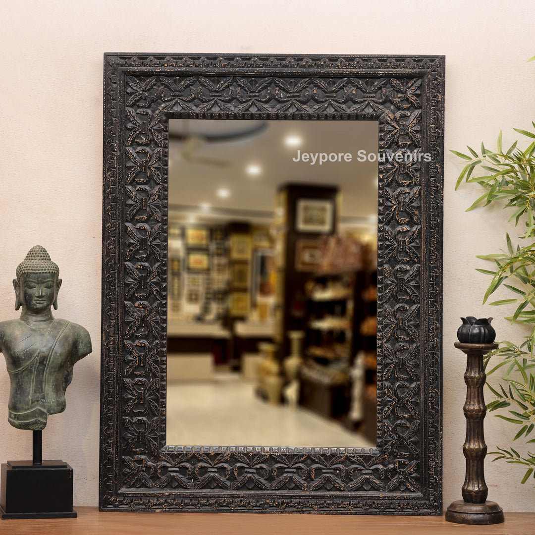 Hand-Carved Black Wooden Wall Mirror with Antique Distressed Frame