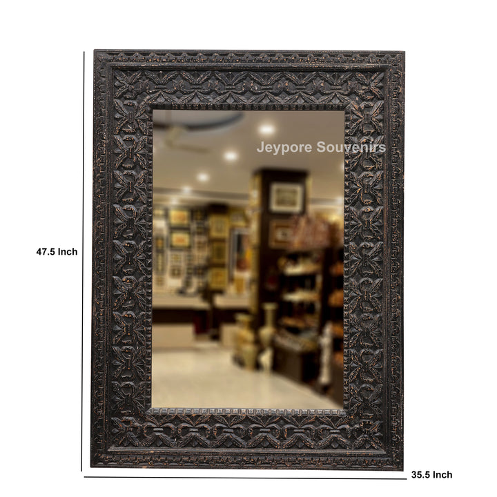 Hand-Carved Black Wooden Wall Mirror with Antique Distressed Frame