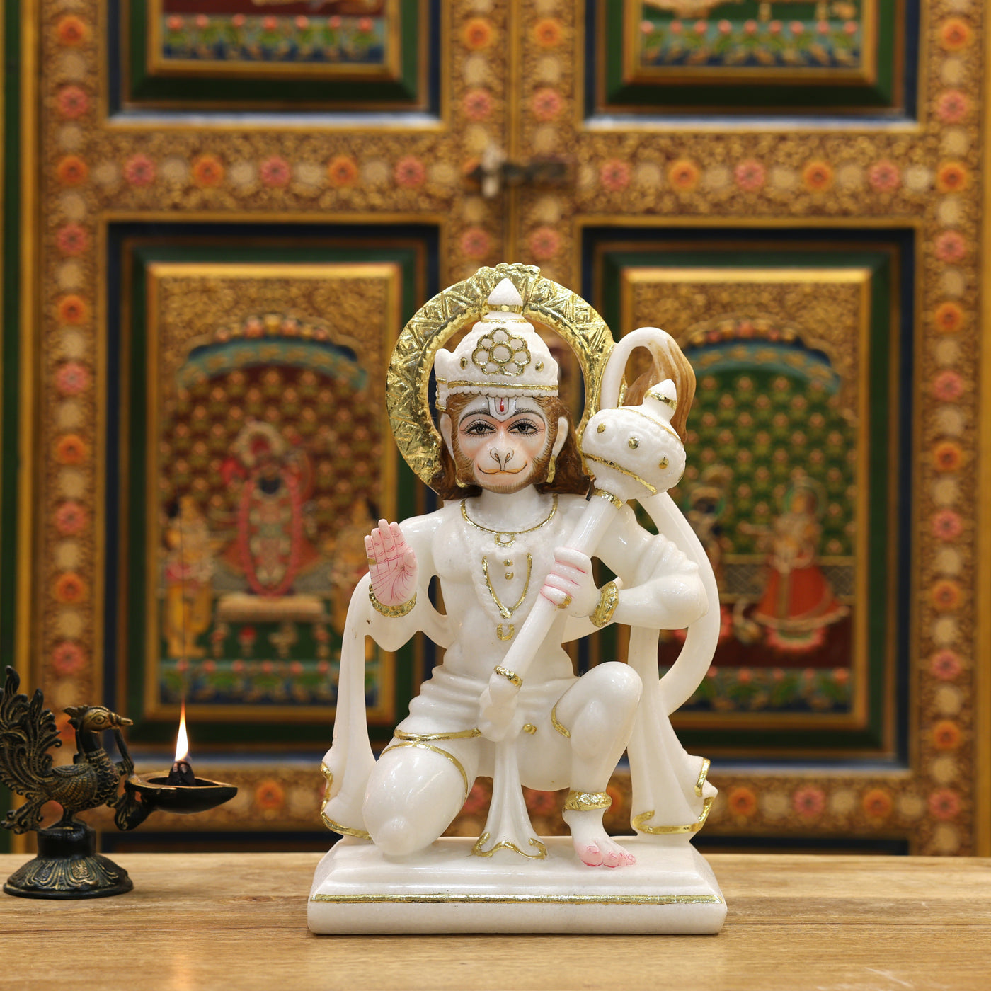 15" Exquisite White Marble Lord Hanuman Idol With Real Gold Leaf Work