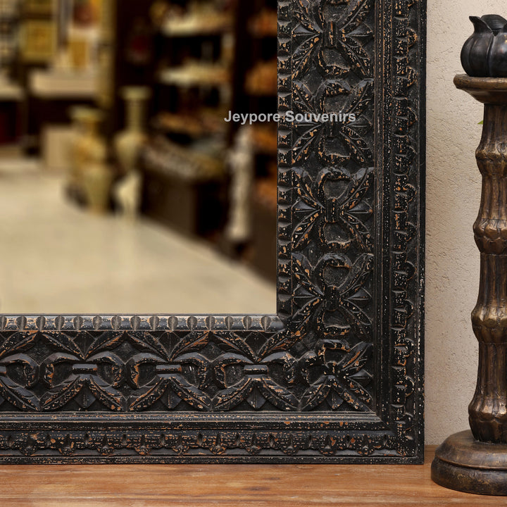 Hand-Carved Black Wooden Wall Mirror with Antique Distressed Frame