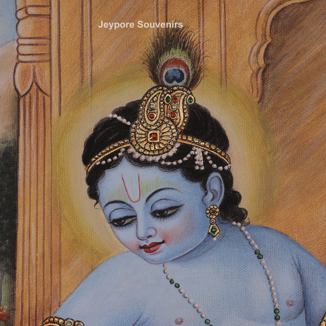 Handcrafted Yashoda Dressing Young Krishna &amp; Balarama Canvas Painting