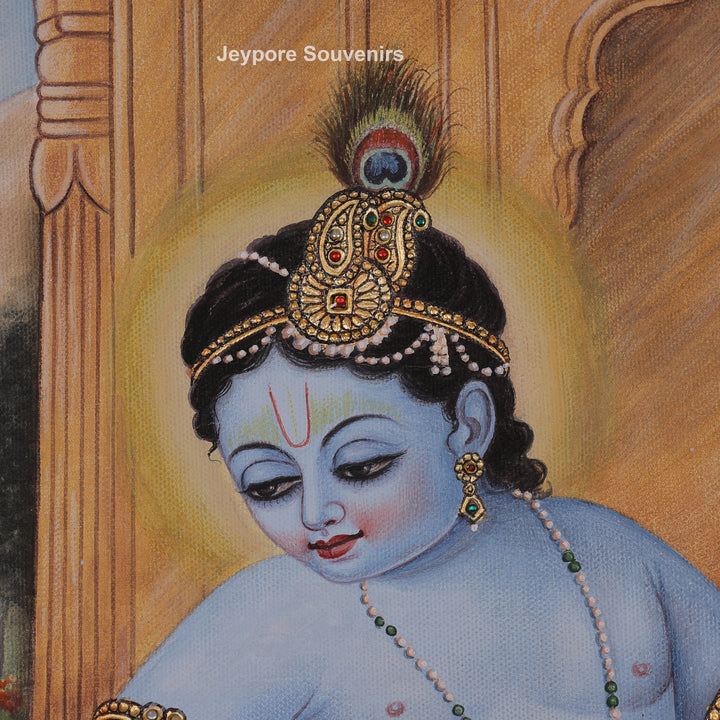 Handcrafted Yashoda Dressing Young Krishna &amp; Balarama Canvas Painting