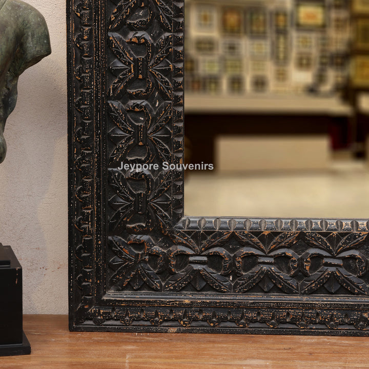 Hand-Carved Black Wooden Wall Mirror with Antique Distressed Frame