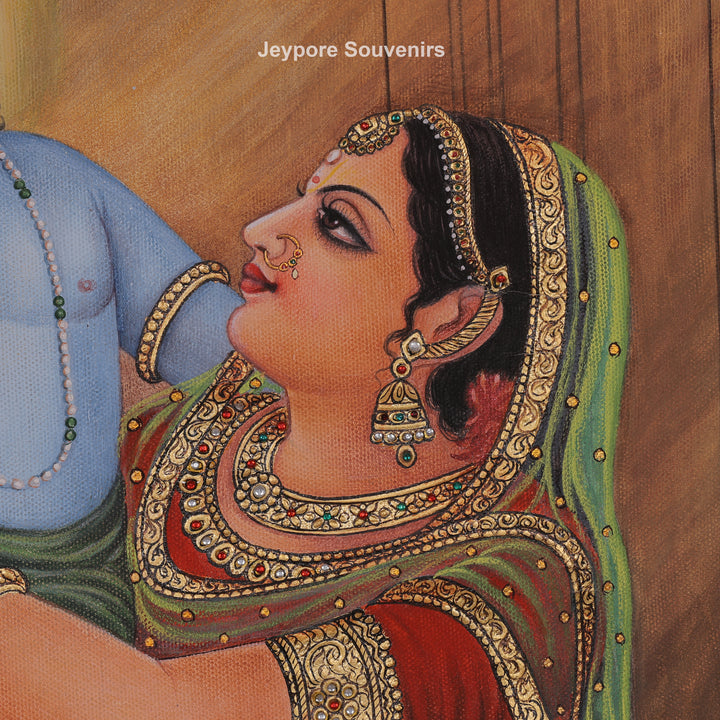 Handcrafted Yashoda Dressing Young Krishna &amp; Balarama Canvas Painting