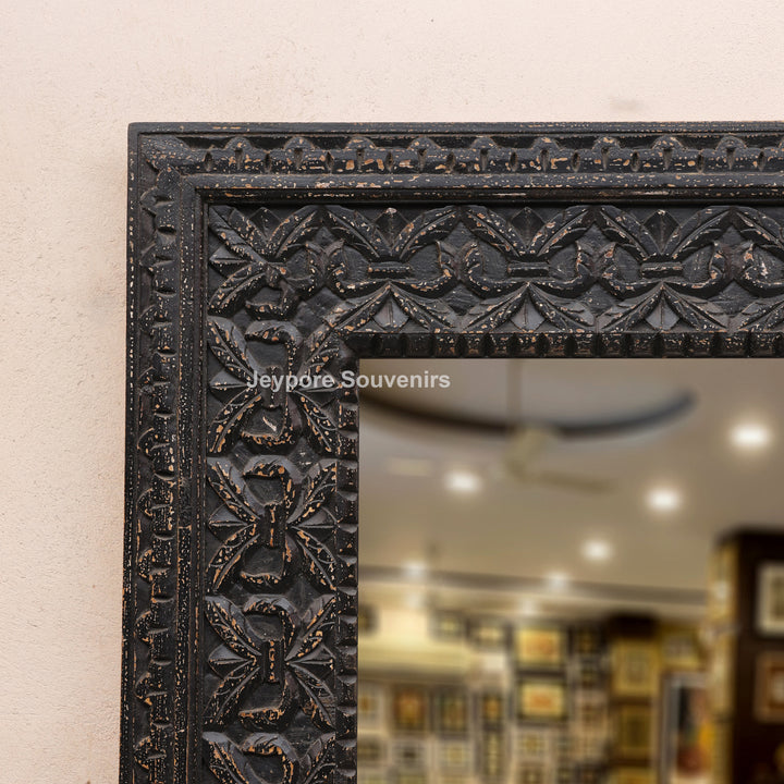 Hand-Carved Black Wooden Wall Mirror with Antique Distressed Frame