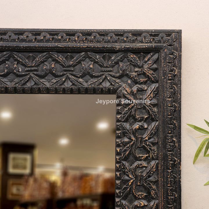 Hand-Carved Black Wooden Wall Mirror with Antique Distressed Frame
