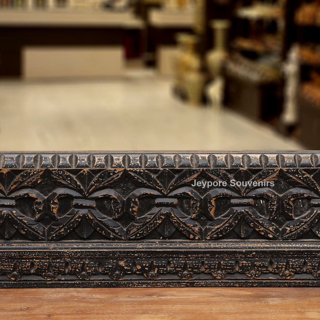Hand-Carved Black Wooden Wall Mirror with Antique Distressed Frame