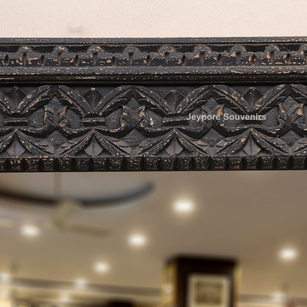 Hand-Carved Black Wooden Wall Mirror with Antique Distressed Frame