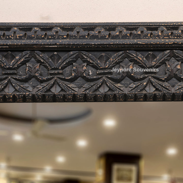 Hand-Carved Black Wooden Wall Mirror with Antique Distressed Frame