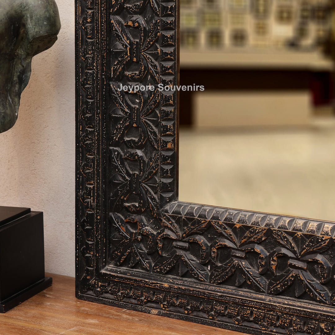 Hand-Carved Black Wooden Wall Mirror with Antique Distressed Frame