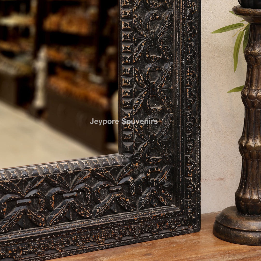 Hand-Carved Black Wooden Wall Mirror with Antique Distressed Frame
