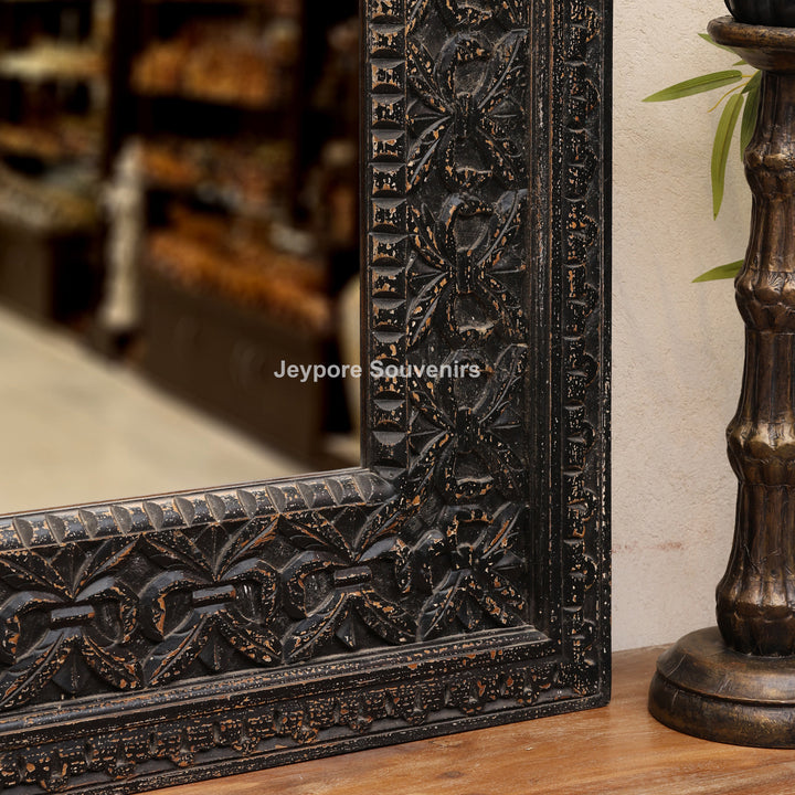 Hand-Carved Black Wooden Wall Mirror with Antique Distressed Frame