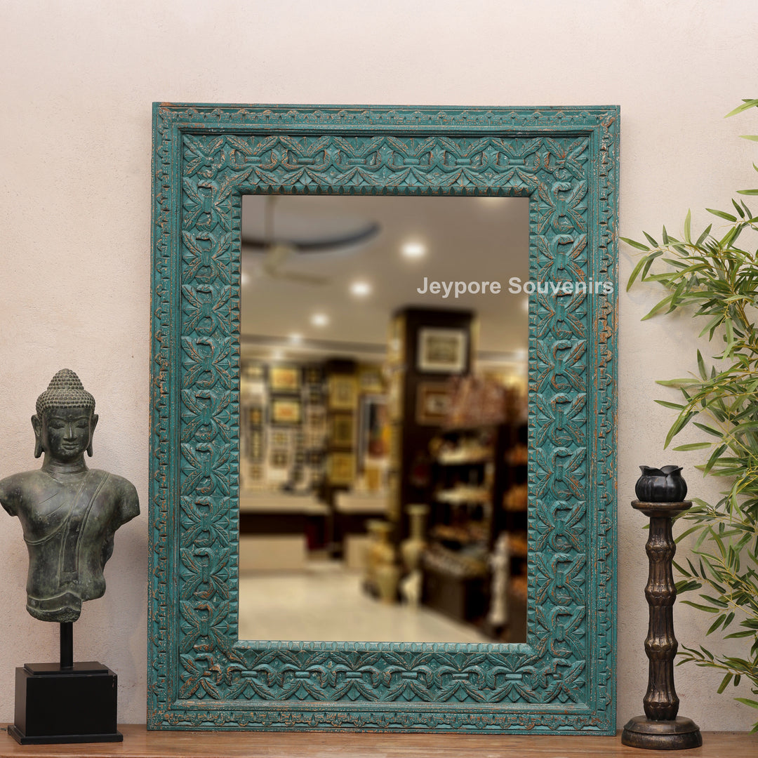Hand-Carved Distressed Blue Wooden Wall Mirror