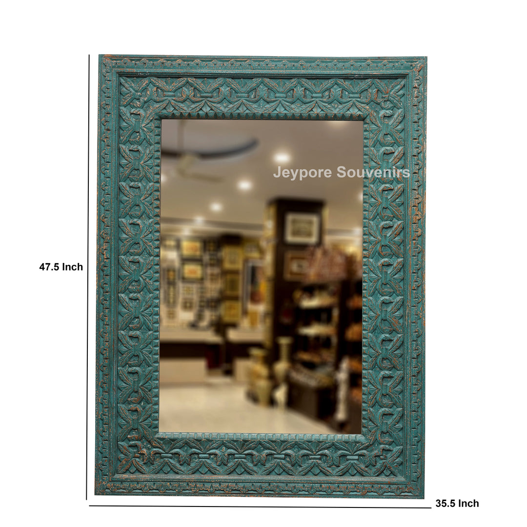 Hand-Carved Distressed Blue Wooden Wall Mirror