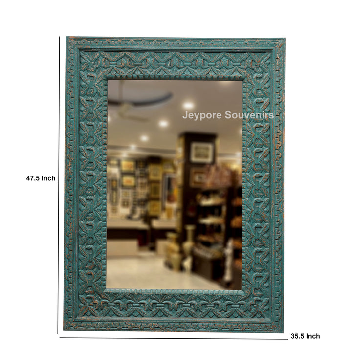 Hand-Carved Distressed Blue Wooden Wall Mirror
