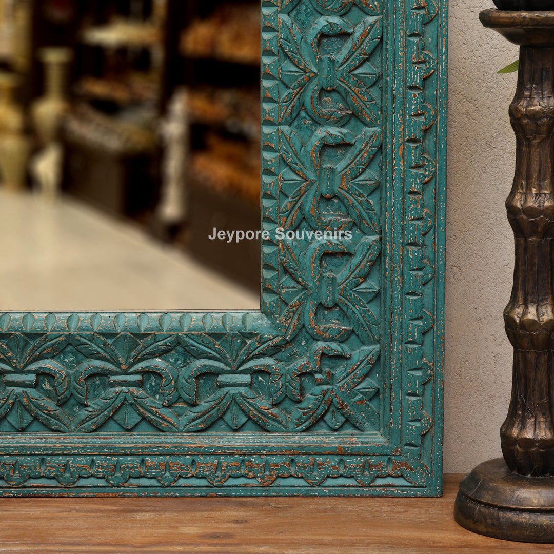 Hand-Carved Distressed Blue Wooden Wall Mirror