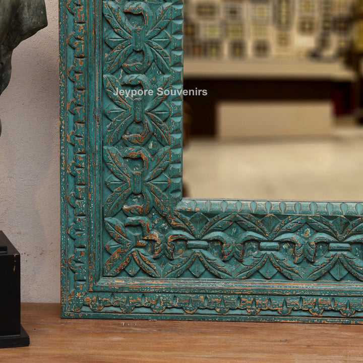 Hand-Carved Distressed Blue Wooden Wall Mirror