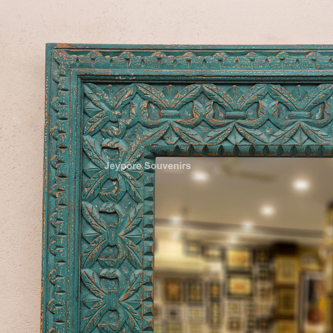 Hand-Carved Distressed Blue Wooden Wall Mirror