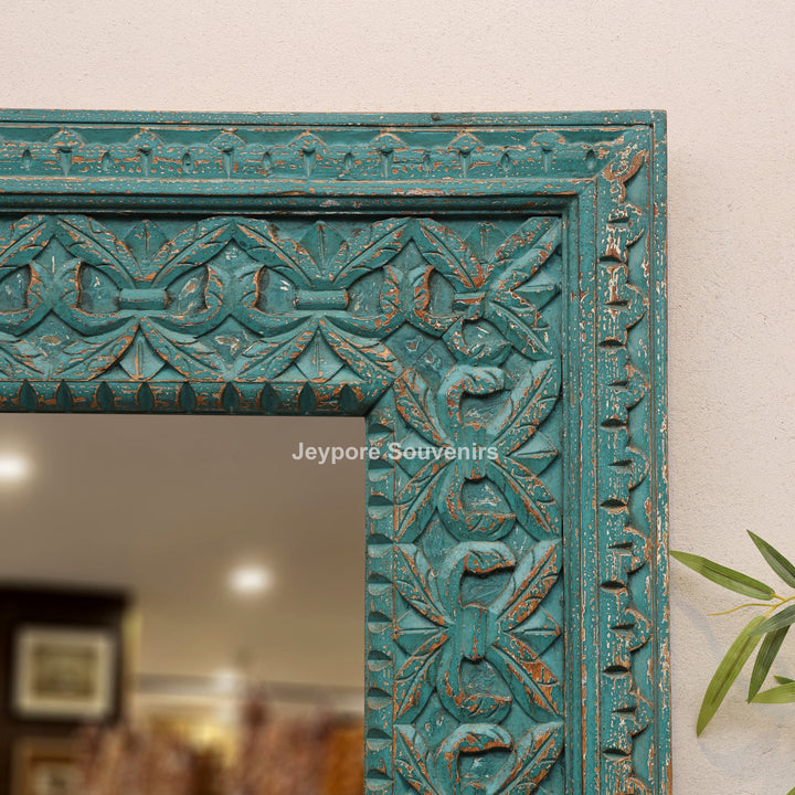 Hand-Carved Distressed Blue Wooden Wall Mirror