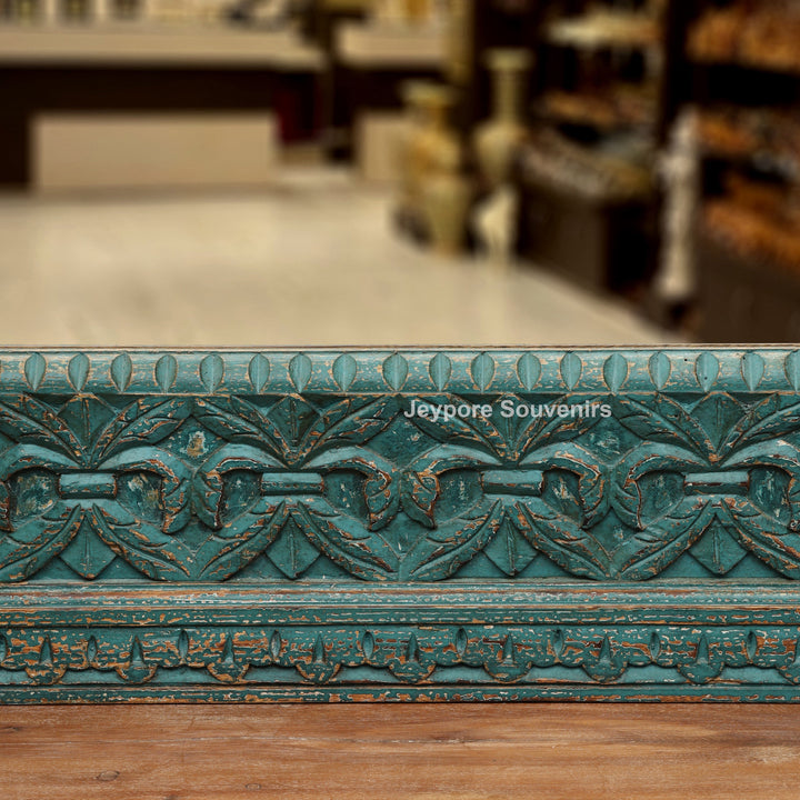 Hand-Carved Distressed Blue Wooden Wall Mirror