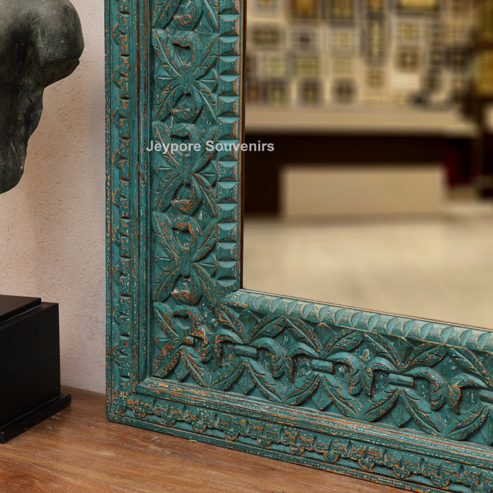 Hand-Carved Distressed Blue Wooden Wall Mirror