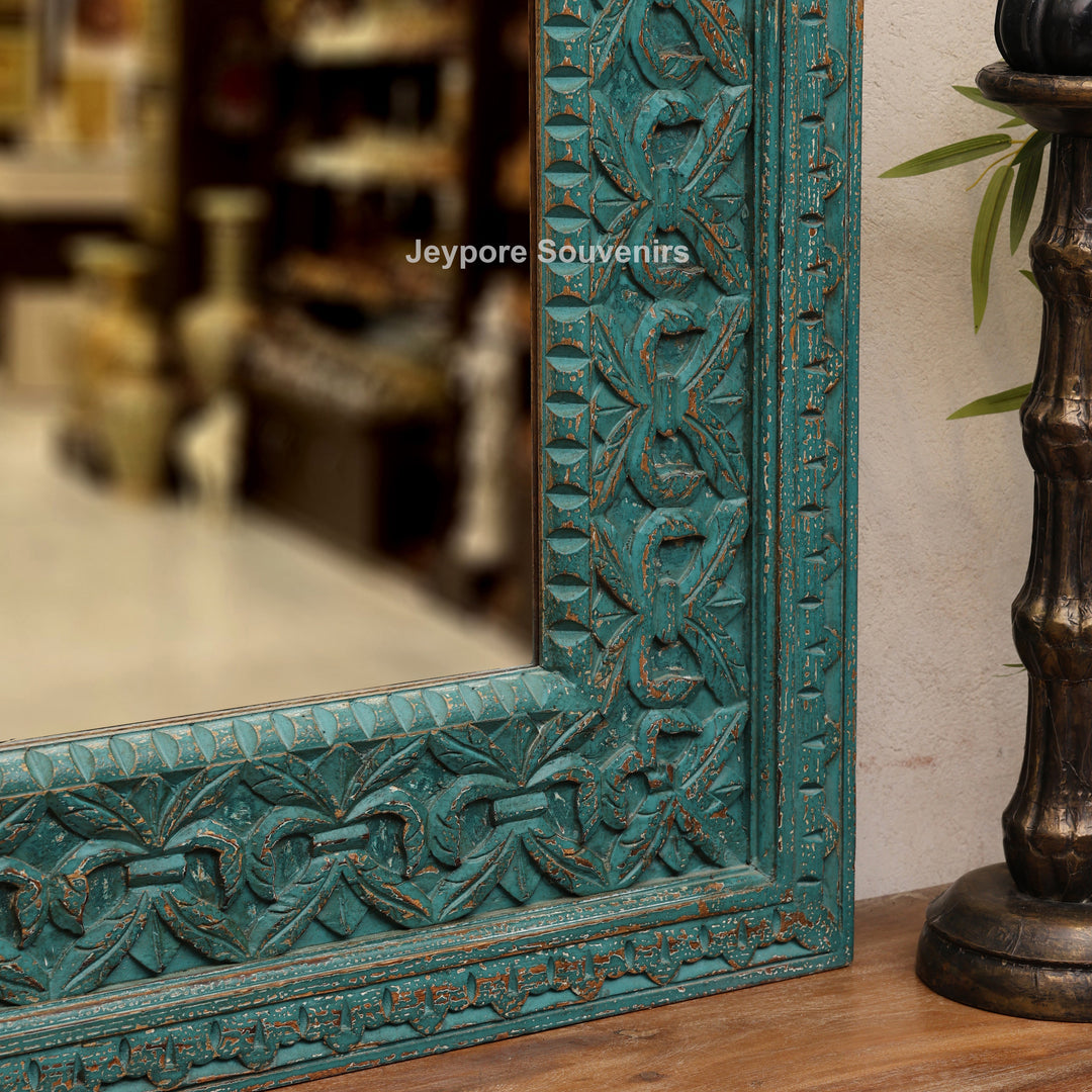 Hand-Carved Distressed Blue Wooden Wall Mirror