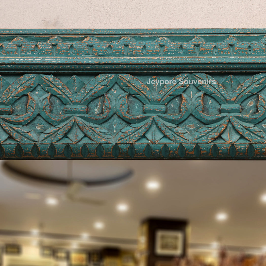 Hand-Carved Distressed Blue Wooden Wall Mirror