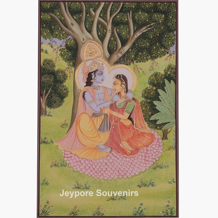 Krishna and Radha Sitting Together Under a Tree - Canvas Painting