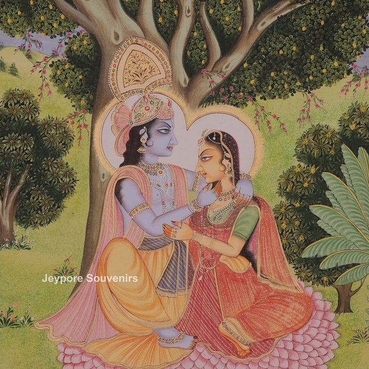 Krishna and Radha Sitting Together Under a Tree - Canvas Painting