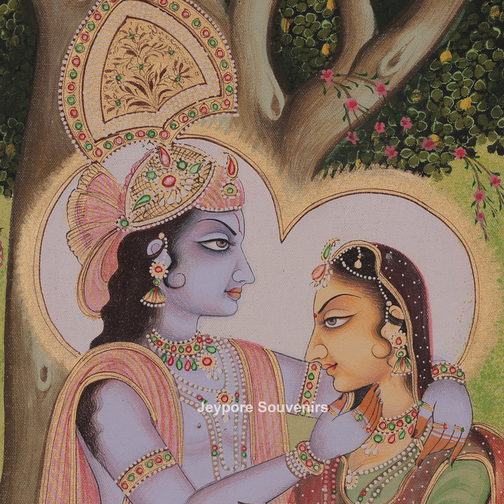 Krishna and Radha Sitting Together Under a Tree - Canvas Painting