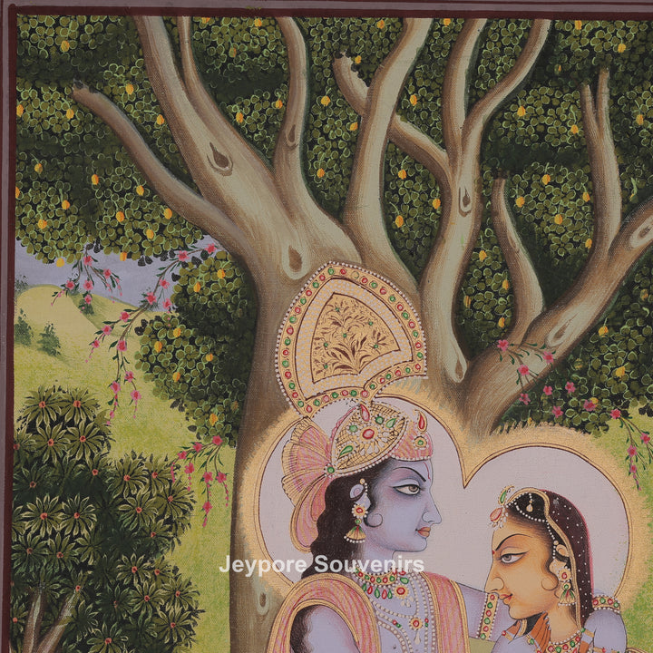 Krishna and Radha Sitting Together Under a Tree - Canvas Painting
