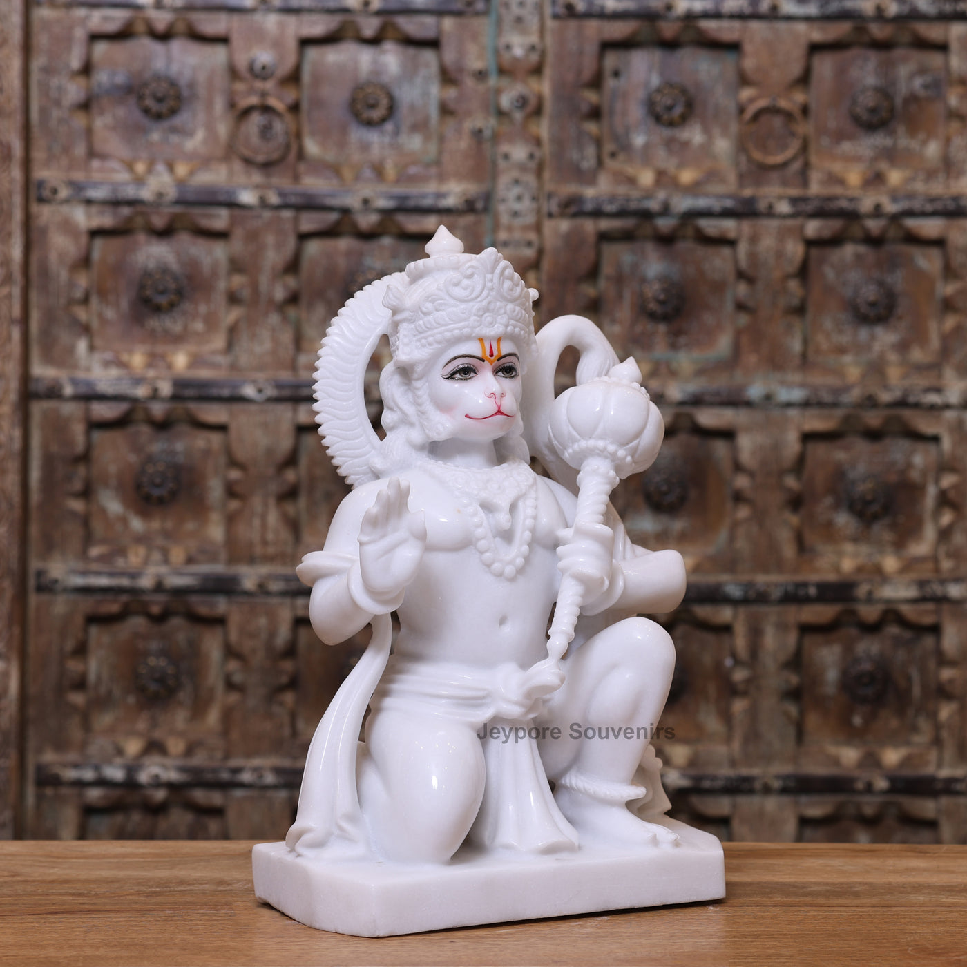 18" Pure White Marble Lord Hanuman Idol with mace