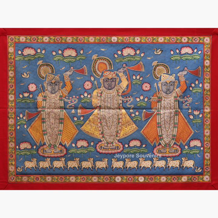 Handcrafted Triple Shrinathji Pichwai Painting on Cotton Cloth