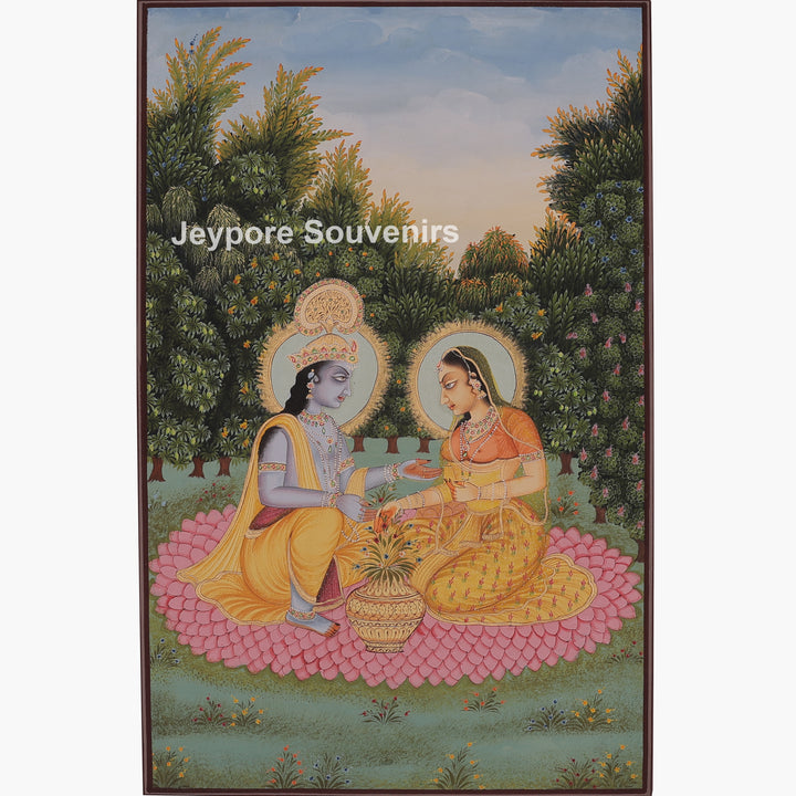 Krishna Radha Loveable Moment In A Garden - Canvas Art