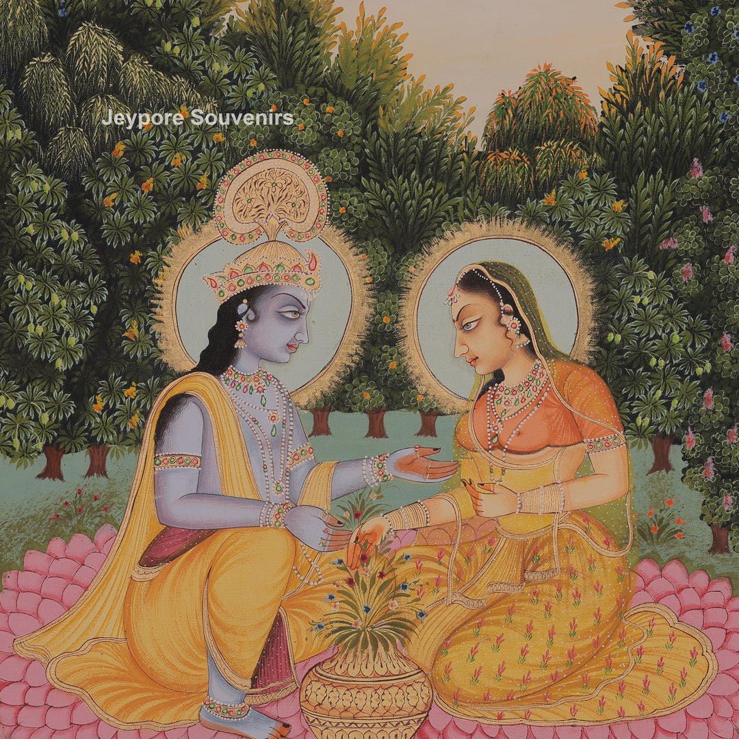 Krishna Radha Loveable Moment In A Garden - Canvas Art