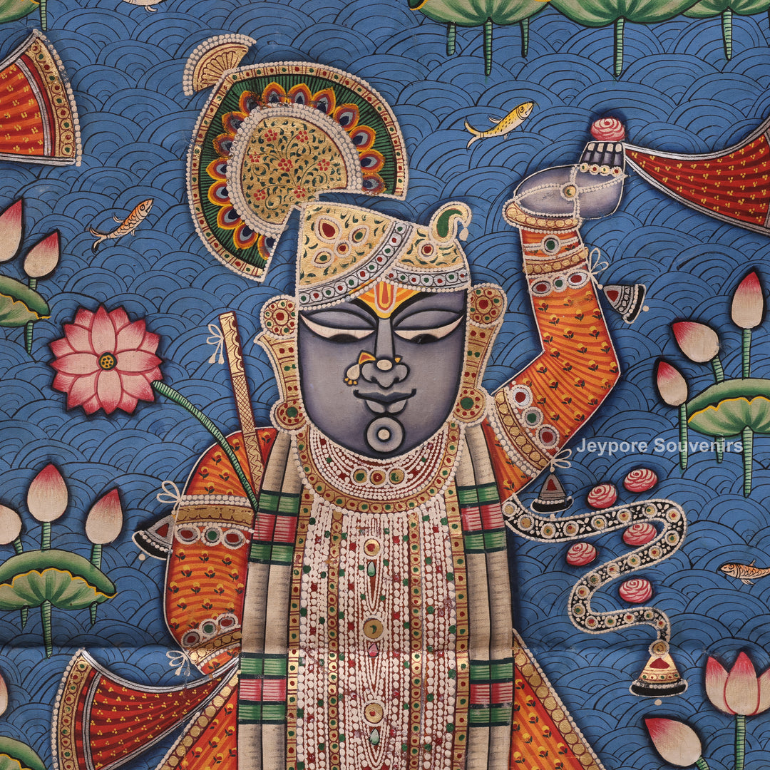 Handcrafted Triple Shrinathji Pichwai Painting on Cotton Cloth