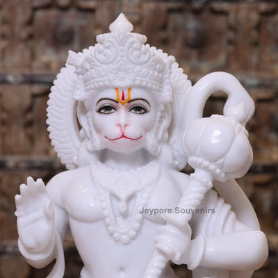 18" Pure White Marble Lord Hanuman Idol with mace