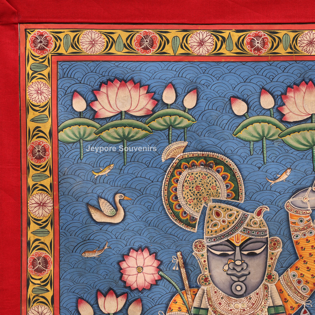Handcrafted Triple Shrinathji Pichwai Painting on Cotton Cloth