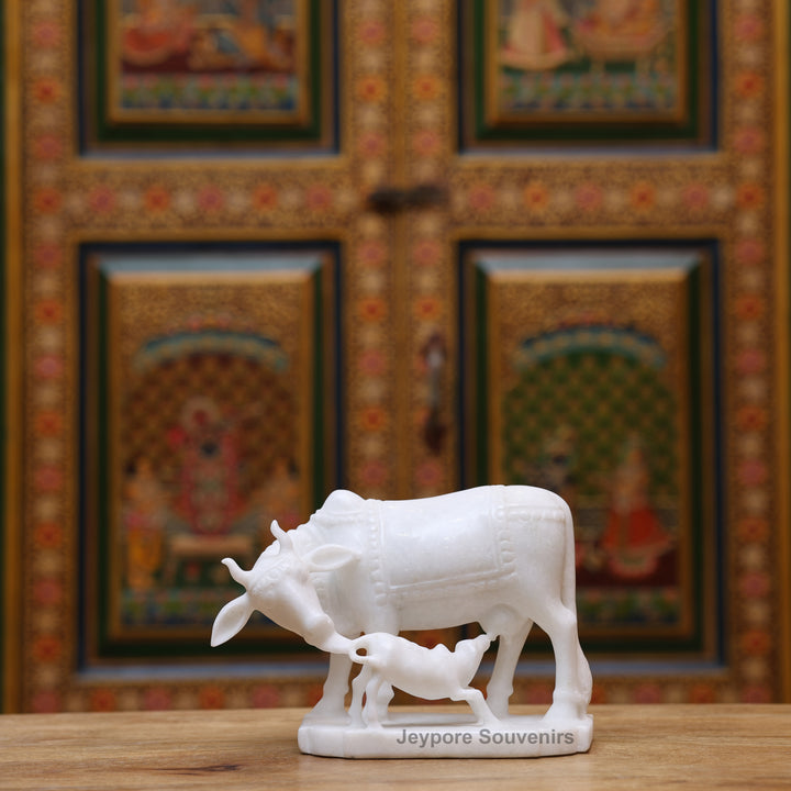 6" Pure White Marble Cow with Calf Idol