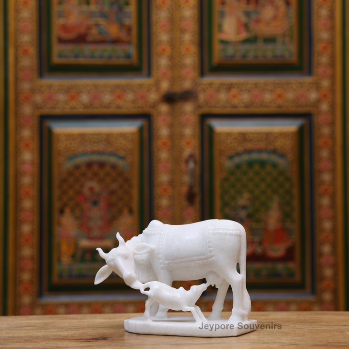 6" Pure White Marble Cow with Calf Idol
